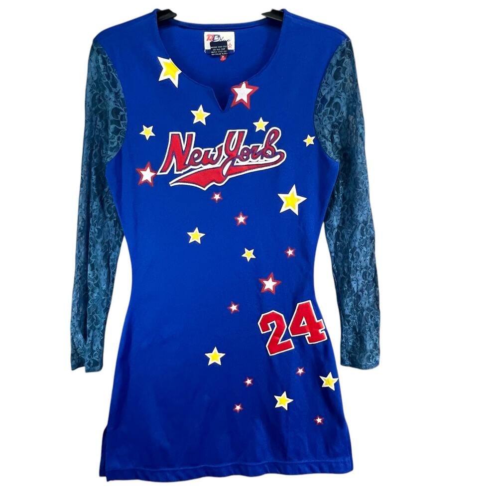 Vintage Raw Blue Jersey Dress L Blue New York Lace Sleeves Sporty Y2K Streetwear